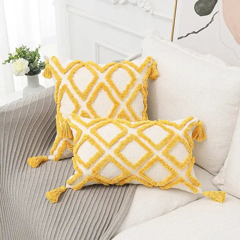 Cream-colored bohemian chenille pillowcase with bold yellow geometric pattern and tassels for living room decorbites bohemian