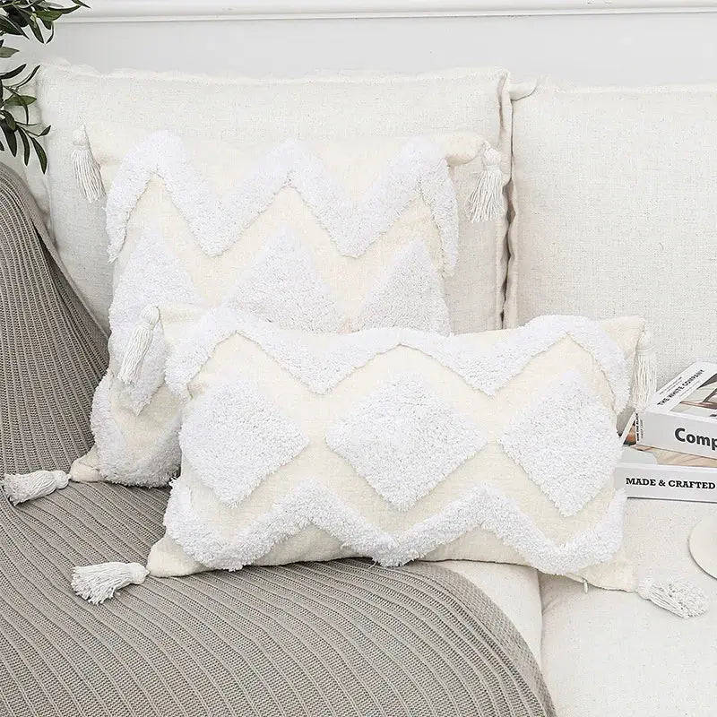 Cream-colored bohemian chenille pillowcase with textured white zigzag patterns and tassels for living room decorbites bohemian