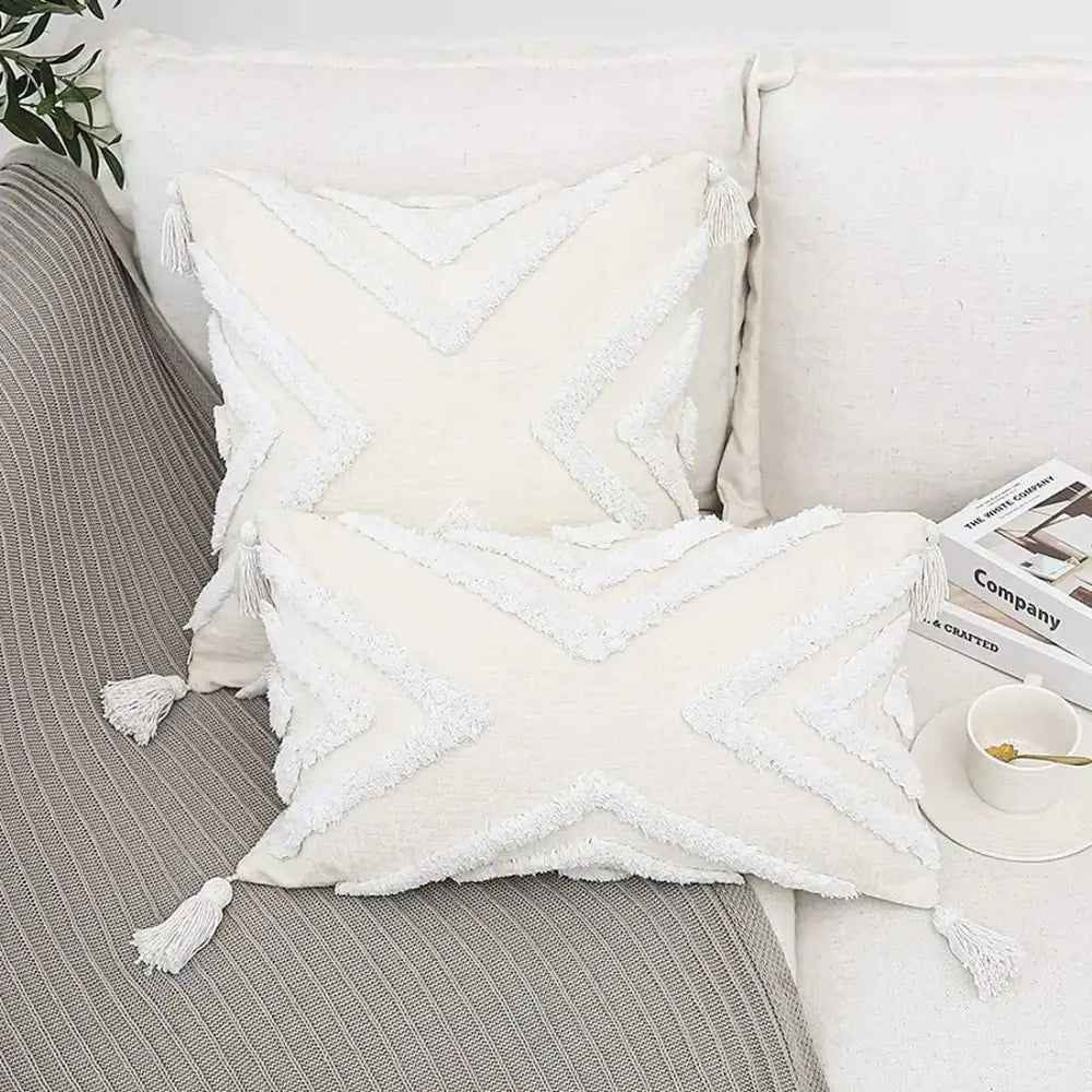 Cream-colored bohemian chenille pillowcase with textured white tassel zigzag trim for living room decorbites bohemian