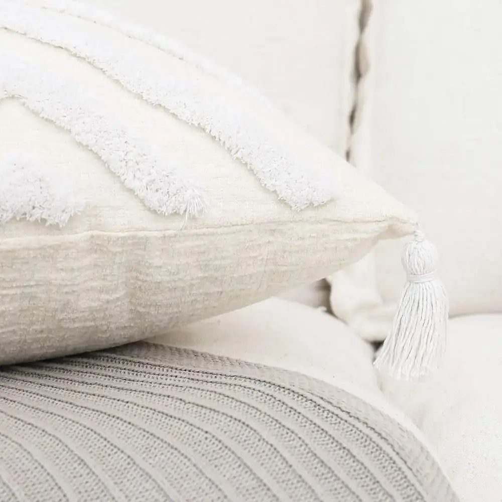 Cream bohemian chenille pillowcase with textured fabric white fringe and tassel for living room decorbites bohemian chenille
