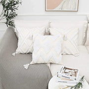 Cream-colored bohemian chenille pillowcase with textured diamond chevron patterns and soft white tassels for living room decorbites bohemian