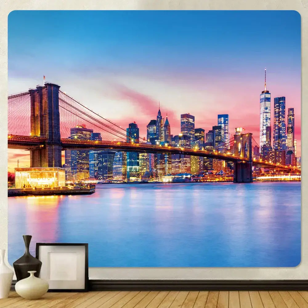Vibrant bohemian city view tapestry featuring brooklyn bridge and manhattan skyline at dusk for decorbites city view decor