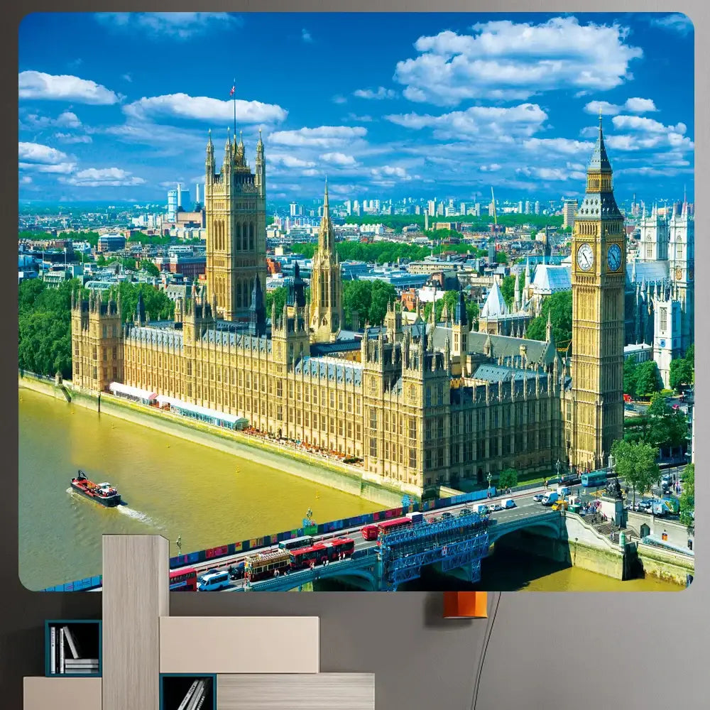 Bohemian city view tapestry featuring vibrant london parliament golden stone architecture for decorbites city view decor