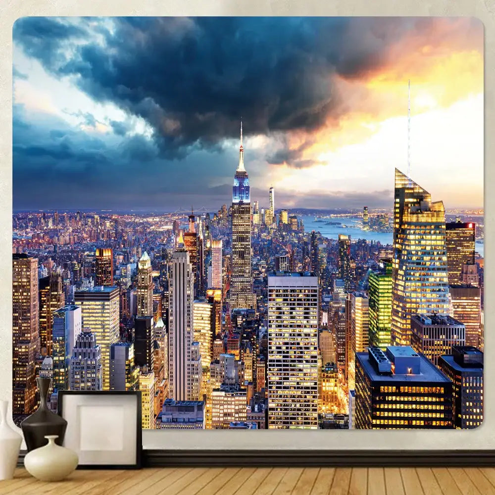Bohemian city view tapestry featuring empire state building and brooklyn bridge under warm sunset hues decorbites city view