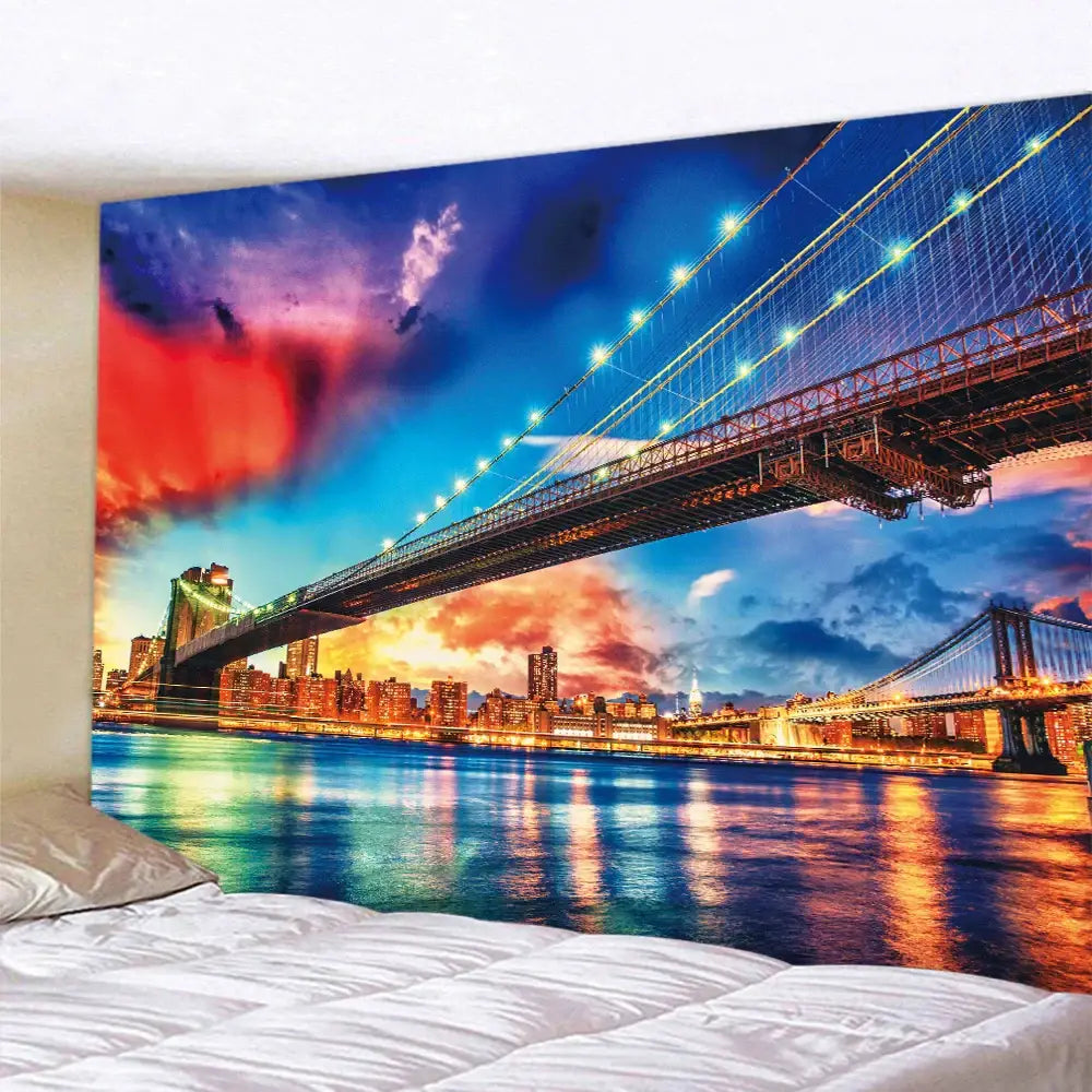 Bohemian city view tapestry featuring brooklyn bridge at twilight in vivid blues reds gold on soft fabric for decorbites city view