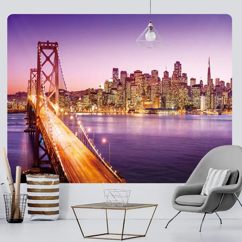 Bohemian city view tapestry with vibrant purple and gold golden gate bridge mural for decorbites city view decor