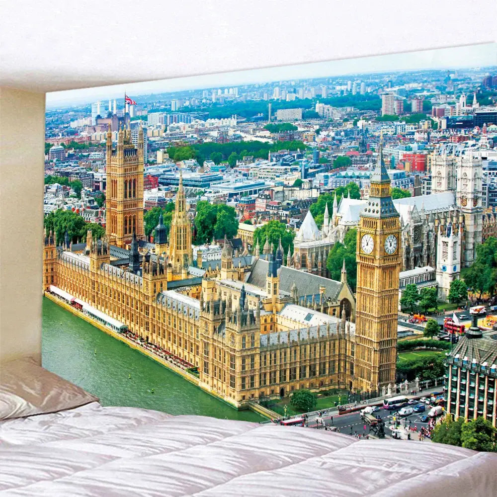 Bohemian city view tapestry featuring london skyline with big ben in golden stone tones for decorbites city view decor