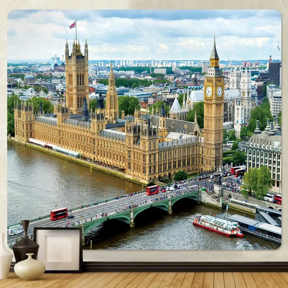 A framed decorbites city view tapestry featuring a realistic panoramic london skyline with big ben for bedroom decor