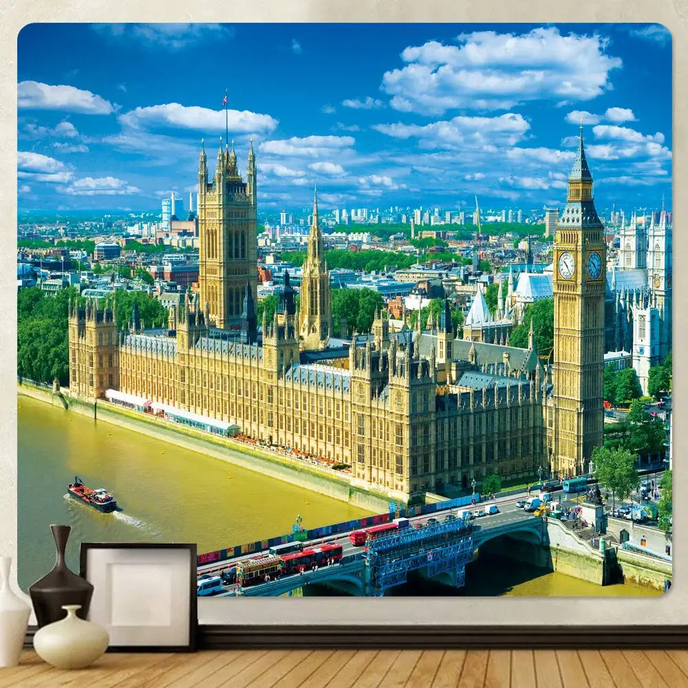 A decorbites city view tapestry featuring a framed mural of westminster palace and big ben under a bright blue sky
