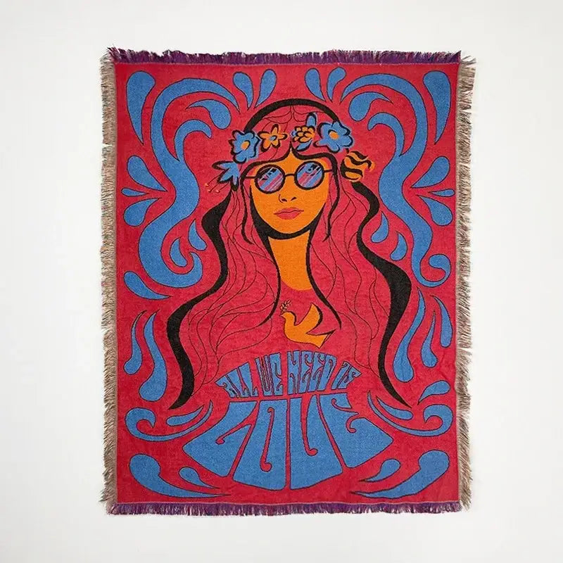 A vibrant red bohemian classic design thread pink geometric throw blanket with psychedelic woman illustration and love text