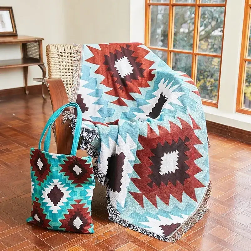 Bohemian classic design teal rust-red and white geometric woven throw blanket with fringe by decorbites for bedroom decor
