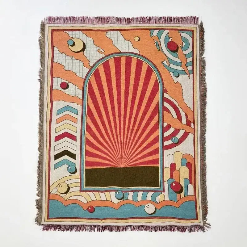 Rectangular woven bohemian classic design throw blanket with vibrant psychedelic sunburst in red orange on cream