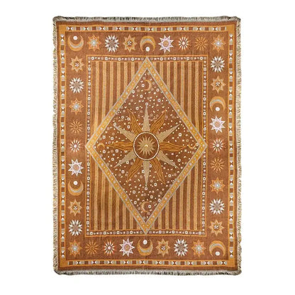 Bohemian classic design woven throw blanket with celestial embroidery in warm brown gold and cream tones decorbites bohemian classic