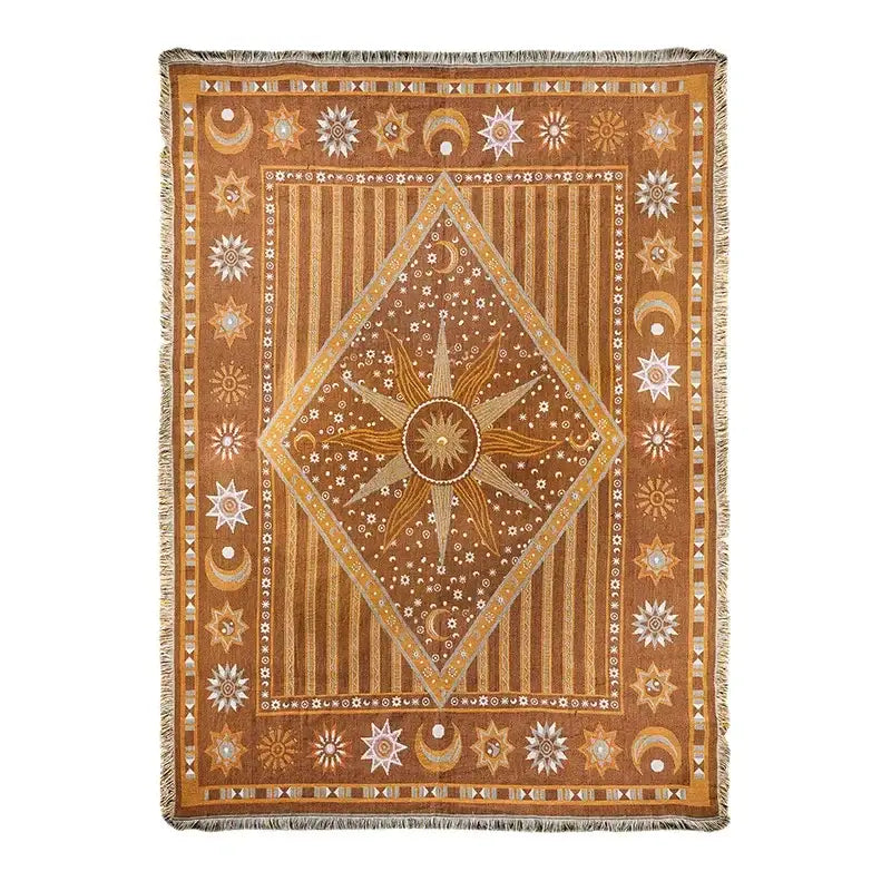 Bohemian classic design woven throw blanket with celestial embroidery in warm brown gold and cream tones decorbites bohemian classic