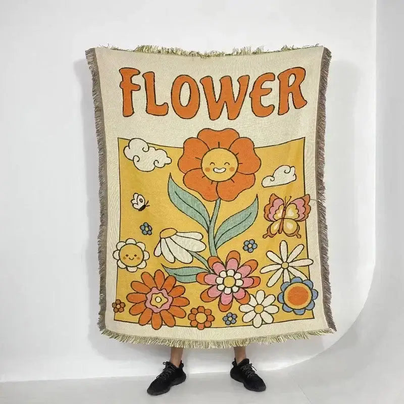 Bohemian classic design cream woven throw blanket with cheerful floral and butterfly pattern on mustard yellow background