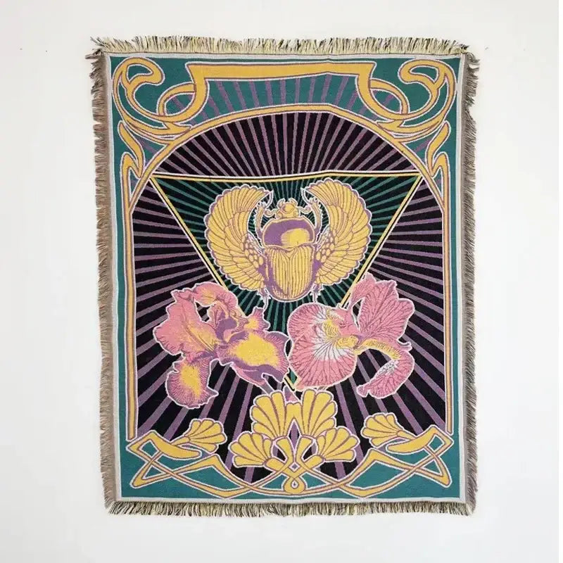 Bohemian classic design thread pink geometric throw blanket with teal and gold art deco scarab decorbites bohemian classic