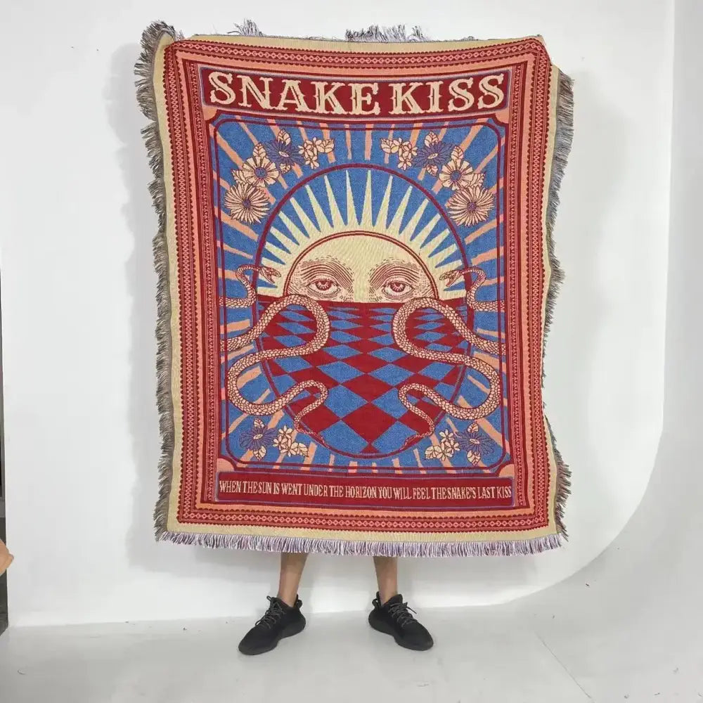 Bohemian classic design vibrant red and blue woven throw blanket with snake motif and fringed edges for bedroom decorbites bohemian classic