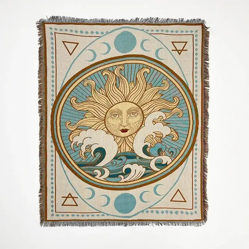 Bohemian classic design rectangular woven tapestry with sun rays and celestial symbols in teal gold and cream tones