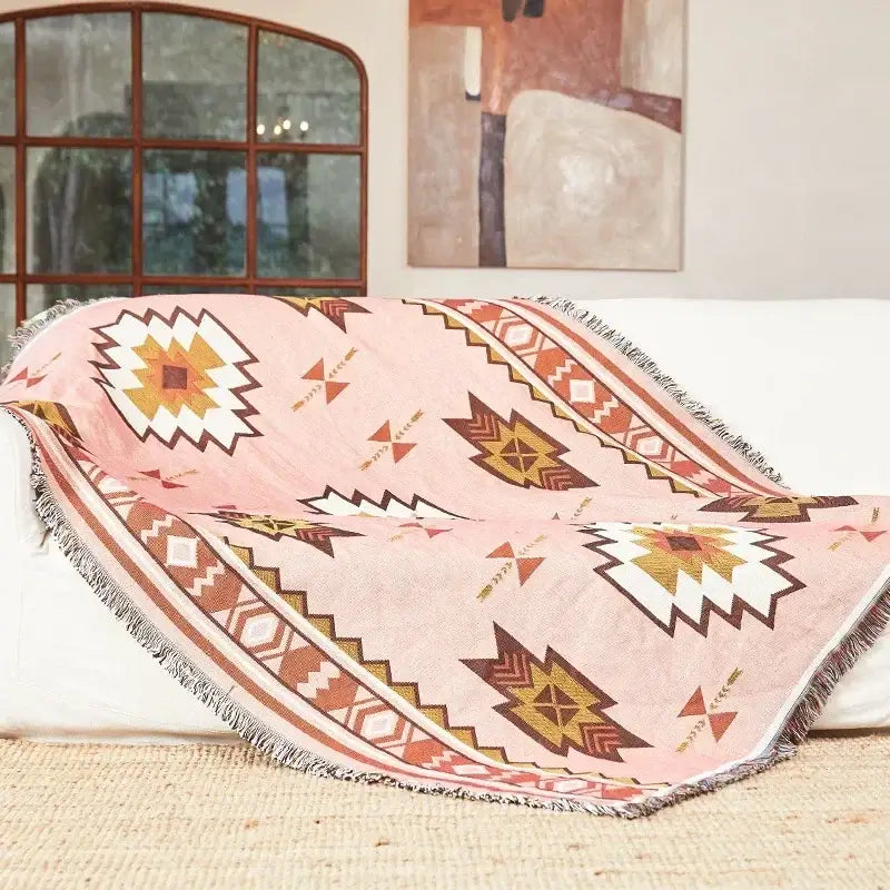 Pink throw blanket with bohemian classic design thread featuring geometric tribal patterns and fringed edges for decorbites bedroom decor