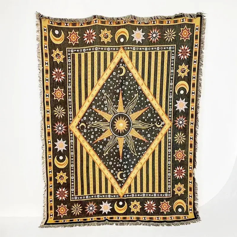 Bohemian classic design dark green woven tapestry with golden starburst and celestial motifs for decorbites bohemian classic