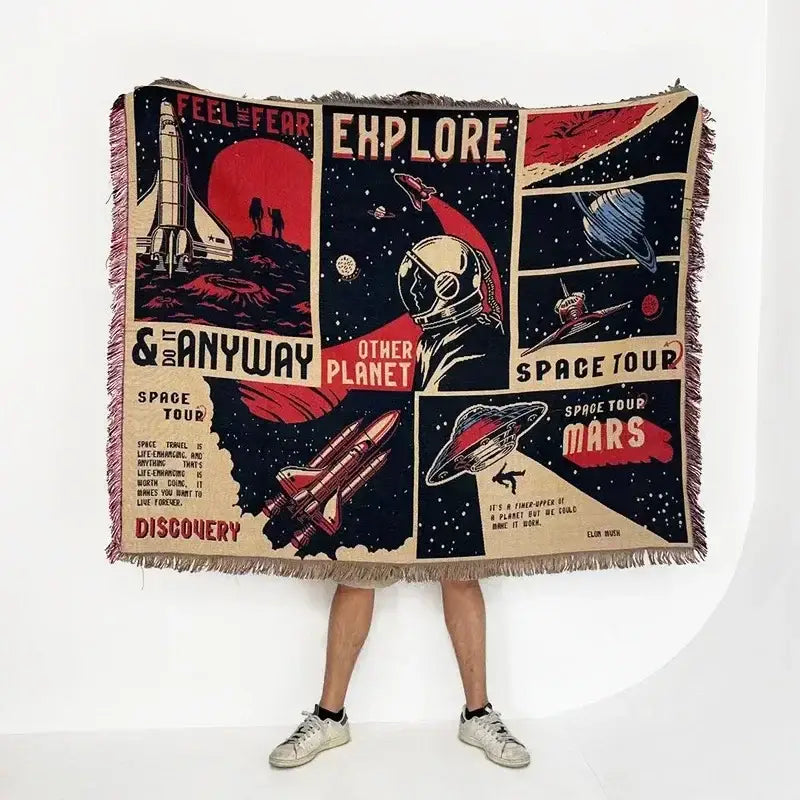 Bohemian classic design vintage-style space-themed woven throw blanket in red black beige and blue for bedroom decorbites bohemian classic