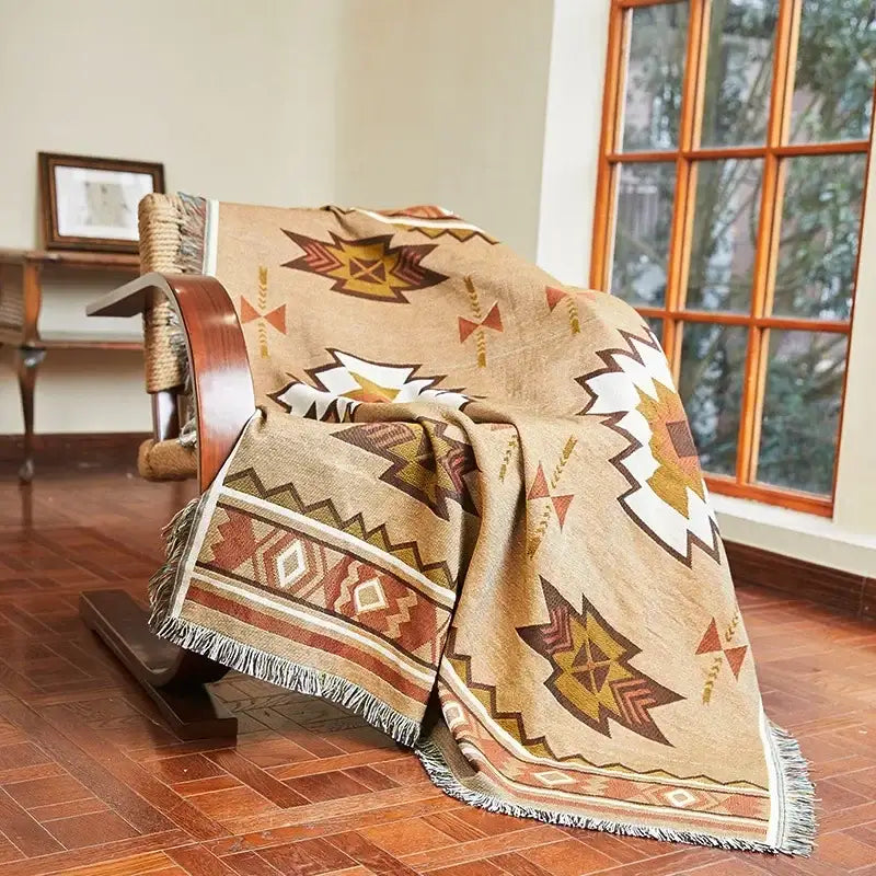 Beige woven bohemian classic design throw blanket with geometric tribal patterns and fringed edges for bedroom decorbites bohemian classic