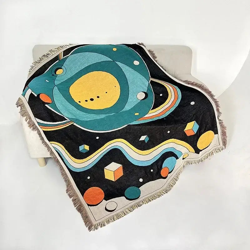 Cozy black throw blanket with vibrant cosmic planets and fringed edges featuring decorbites bohemian classic design thread