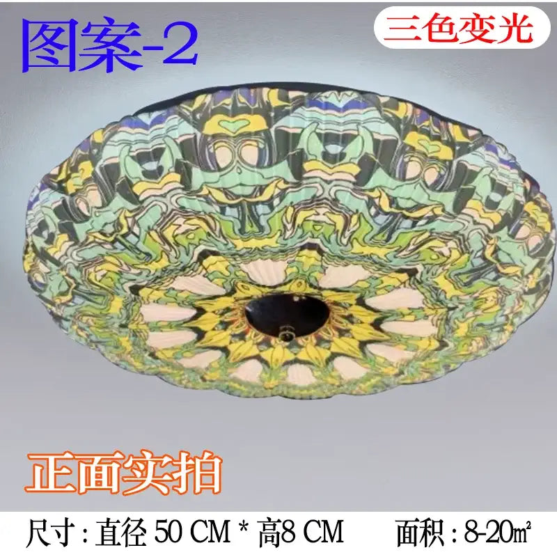 Bohemian colorful mandala led ceiling lights featuring a circular psychedelic pattern in green yellow and black for bedroom