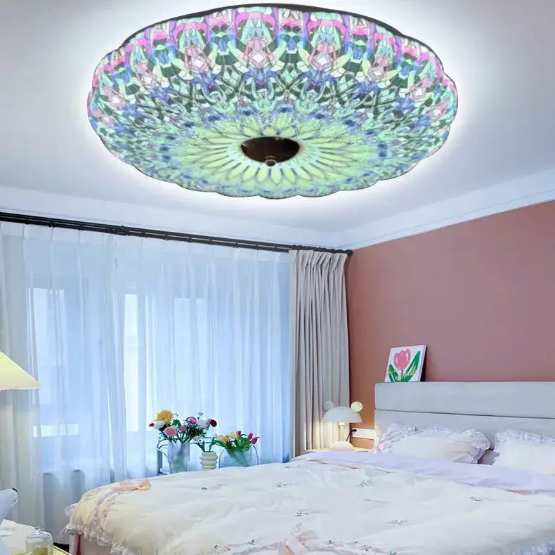 Bohemian colorful mandala led ceiling lights featuring a floral geometric pattern in pink green blue and purple for bedroom