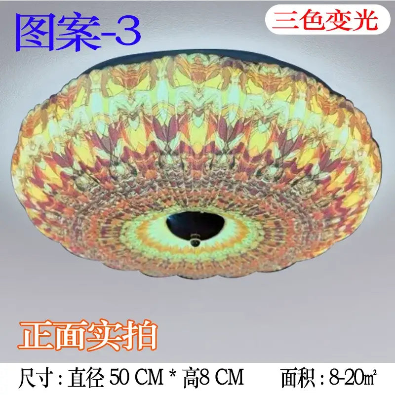 Bohemian colorful mandala led ceiling light with vibrant yellow orange and red symmetrical pattern for bedroom