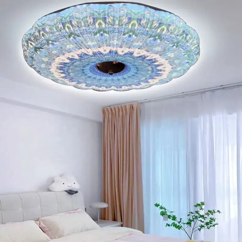 Bohemian colorful led ceiling light with blue and green mandala design and glowing center for bedroom use