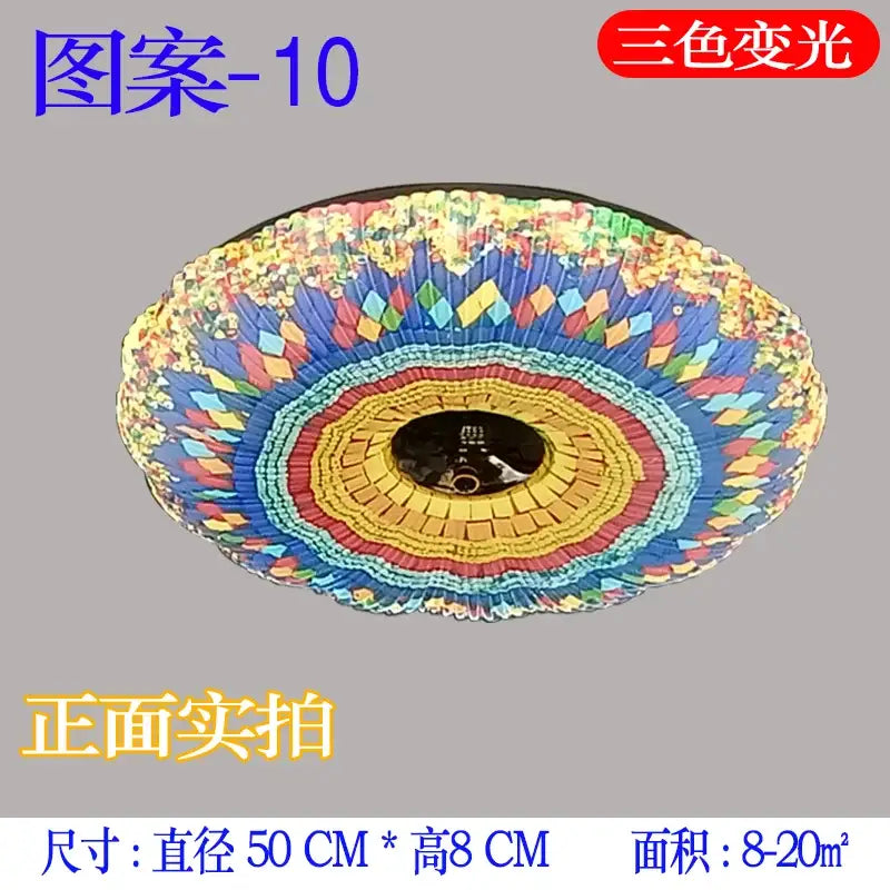 Bohemian colorful mandala led ceiling light featuring vibrant blue, yellow, red, and green concentric rings for bedroom
