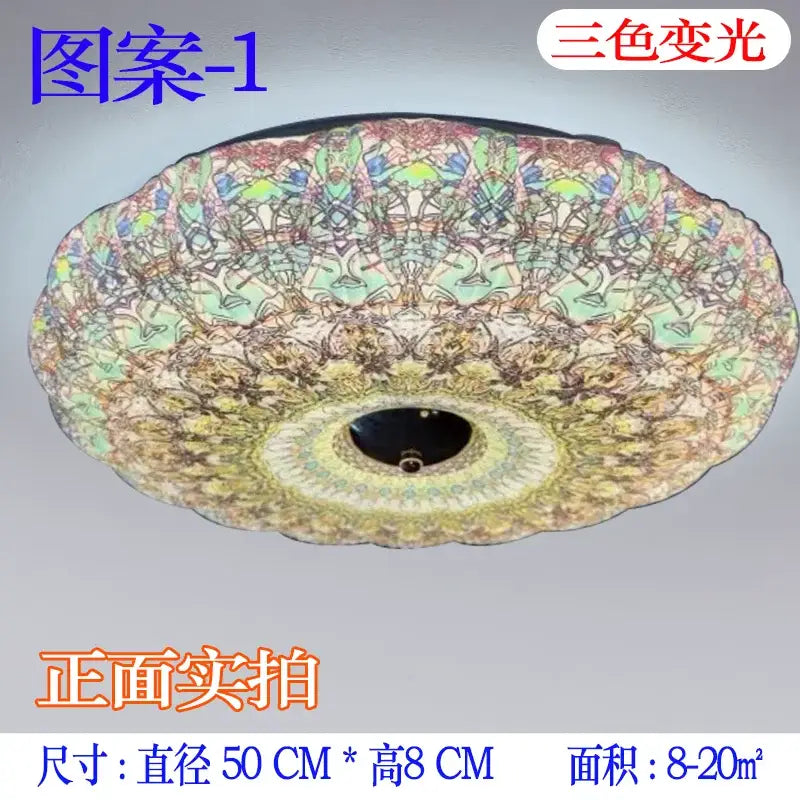 Bohemian colorful mandala led ceiling lights featuring a circular patterned glass shade with floral and geometric designs