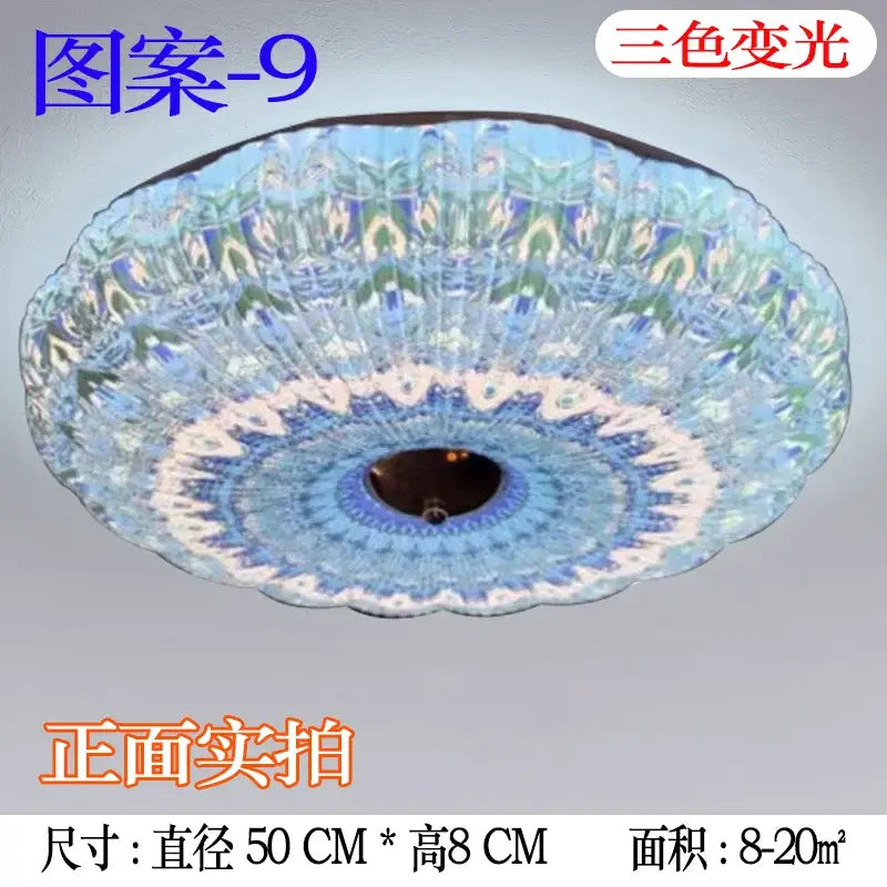 Bohemian colorful mandala led ceiling light with scalloped iridescent glass shade featuring blue and green patterns