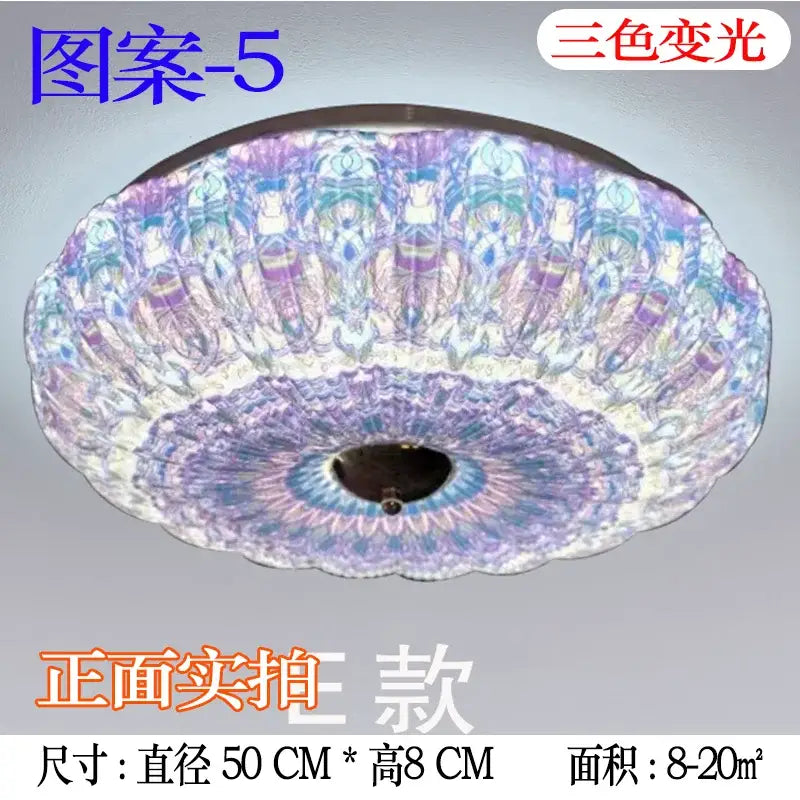 Bohemian colorful mandala led ceiling light with oval translucent glass shade and iridescent purple blue pattern for bedroom