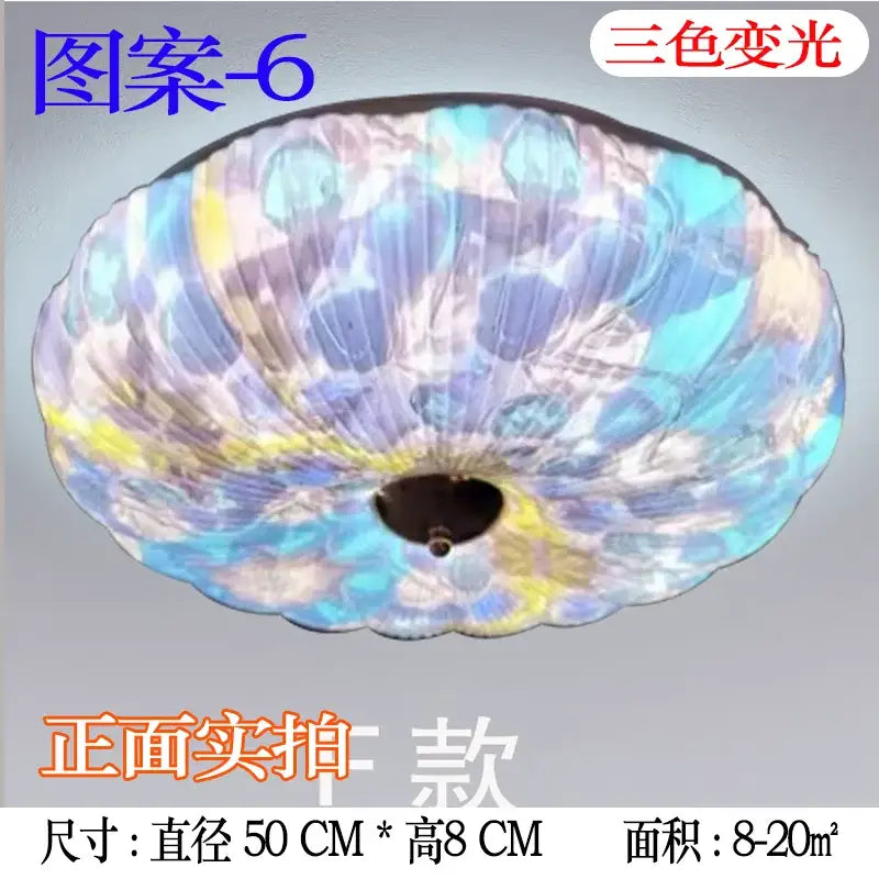 Bohemian colorful mandala led ceiling lights with iridescent shell-like design in blue purple and yellow for bedroom