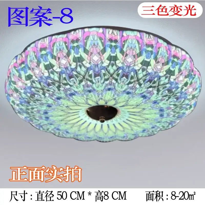 Bohemian colorful mandala led ceiling light with vibrant patterned glass shade in green blue pink and purple for bedroom