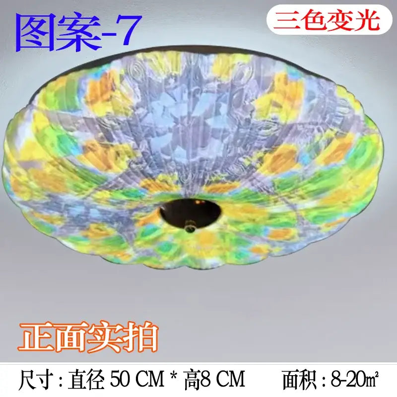 Bohemian colorful mandala led ceiling light with textured glass shade in yellow green and blue for bedroom ceiling lights