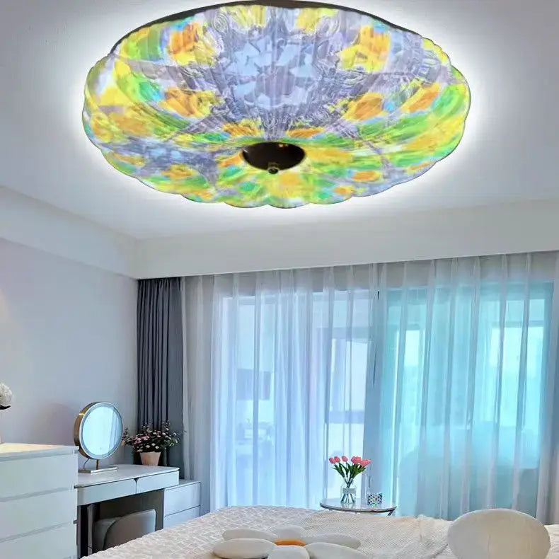 Bohemian colorful mandala led ceiling light with scalloped edge and stained-glass pattern in yellow green blue and purple