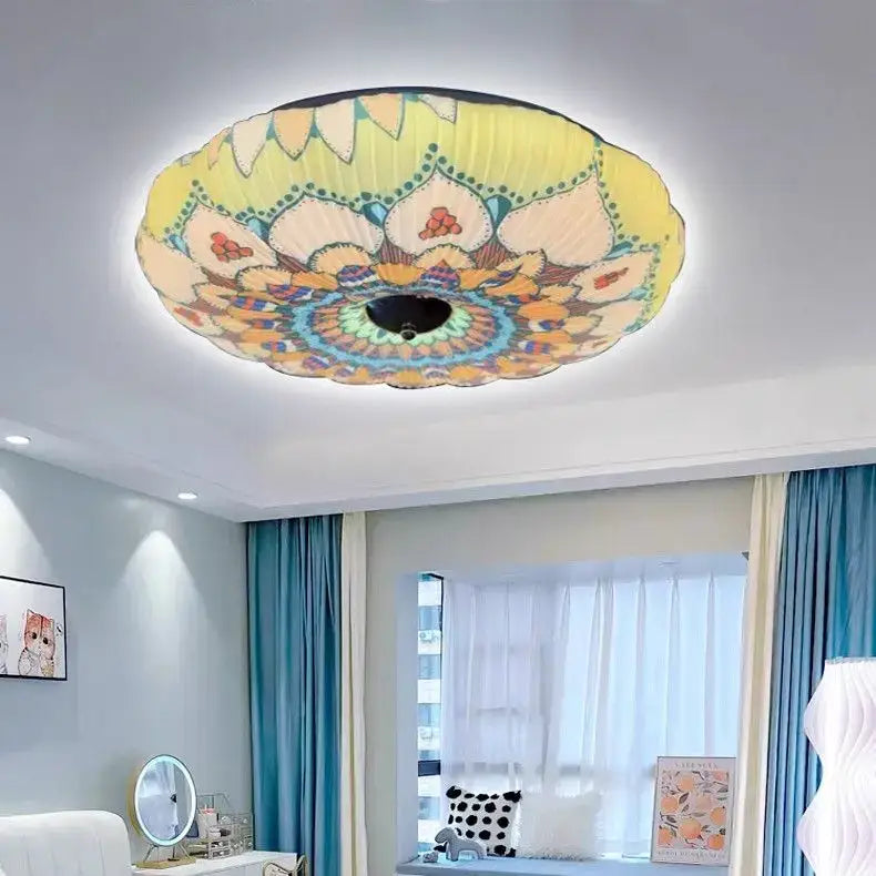A vibrant bohemian colorful mandala led ceiling light with yellow floral design for bedroom ceiling lights