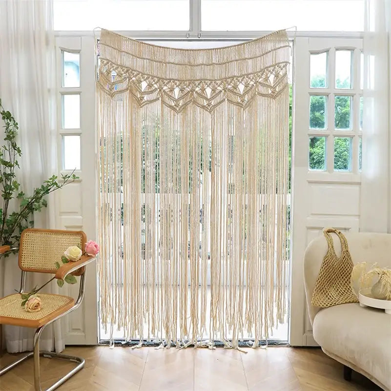 Beige decorbites bohemian cotton macrame wall hanging with intricate woven patterns and hanging fringe for bedroom decor