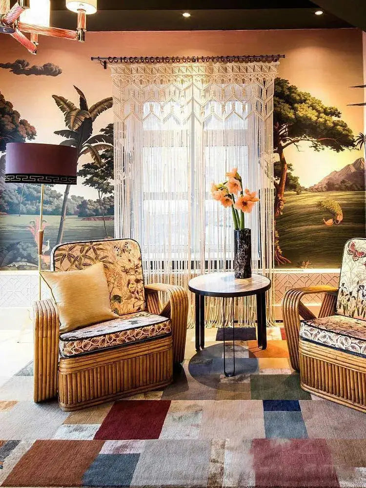 Rattan armchairs with woven bamboo frames and patterned upholstery alongside decorbites bohemian cotton macrame wall hanging decor