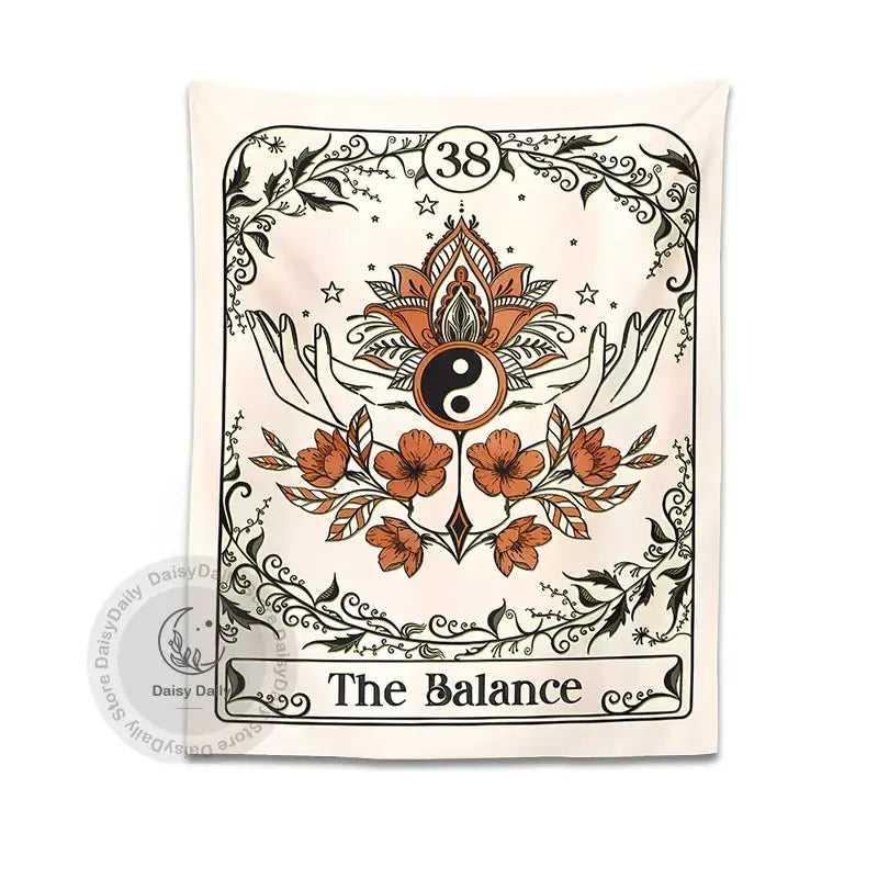 Bohemian cream balance tarot tapestry wall hanging features yin-yang design with orange flowers for bedroom decor
