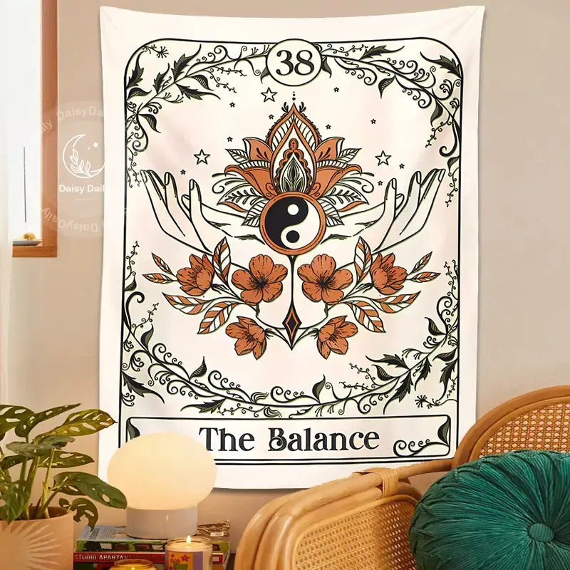 Bohemian cream balance tarot tapestry wall hanging with orange flowers black vines and yin-yang symbol for bedroom decor