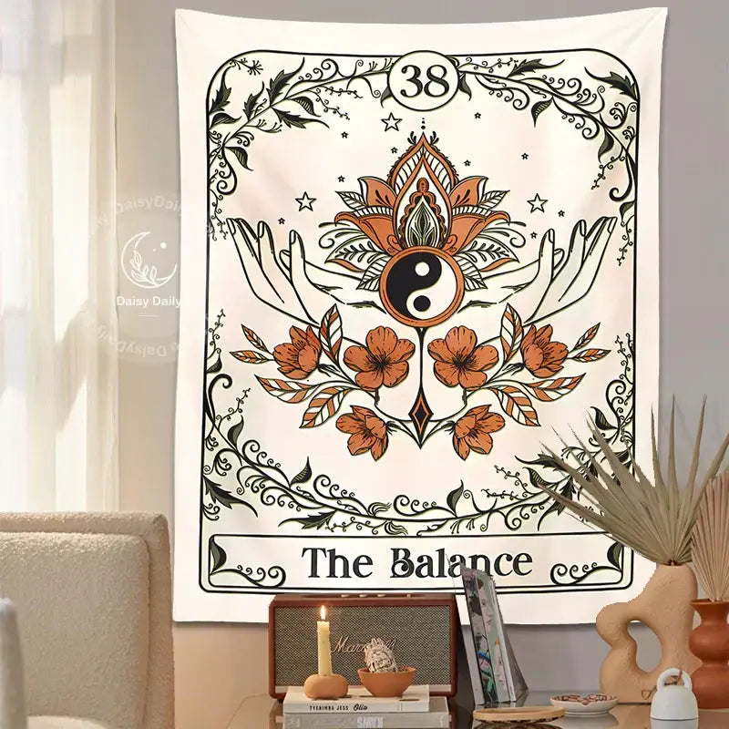 Cream-colored balance tarot tapestry wall hanging with orange flowers black vines and yin-yang design for bedroom decor