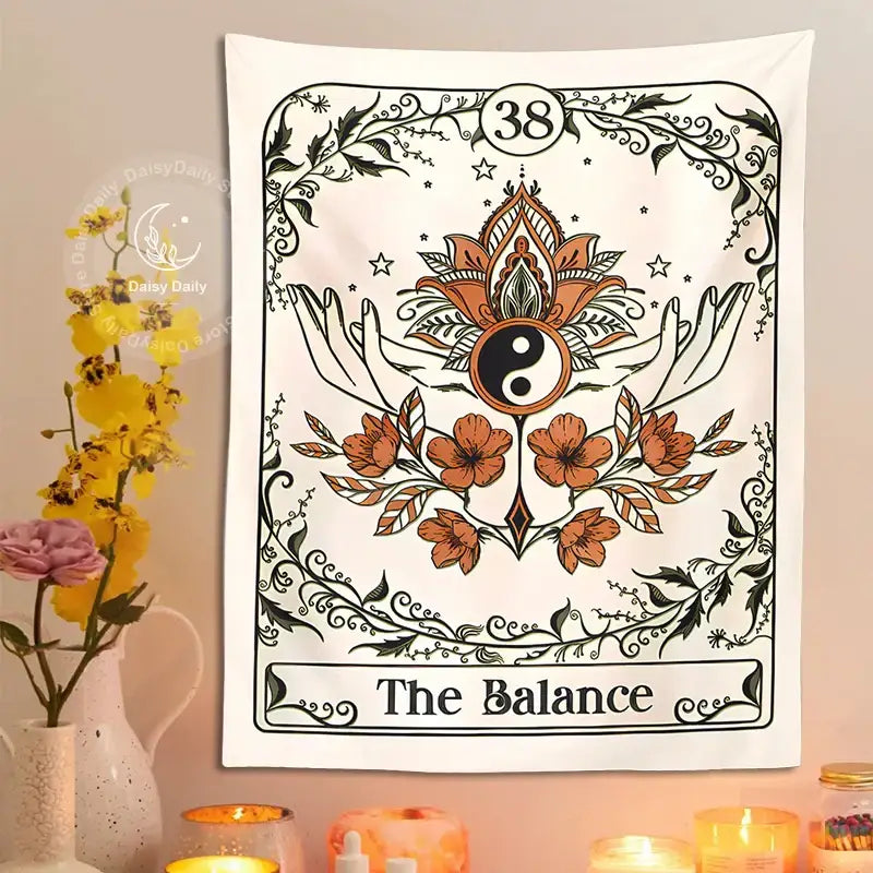 Bohemian cream balance tarot tapestry wall hanging with orange black floral patterns and yin-yang symbol for bedroom decor