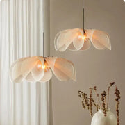 Bohemian cream fabric flower chandelier with delicate layered fabric flower shades for dining room lighting