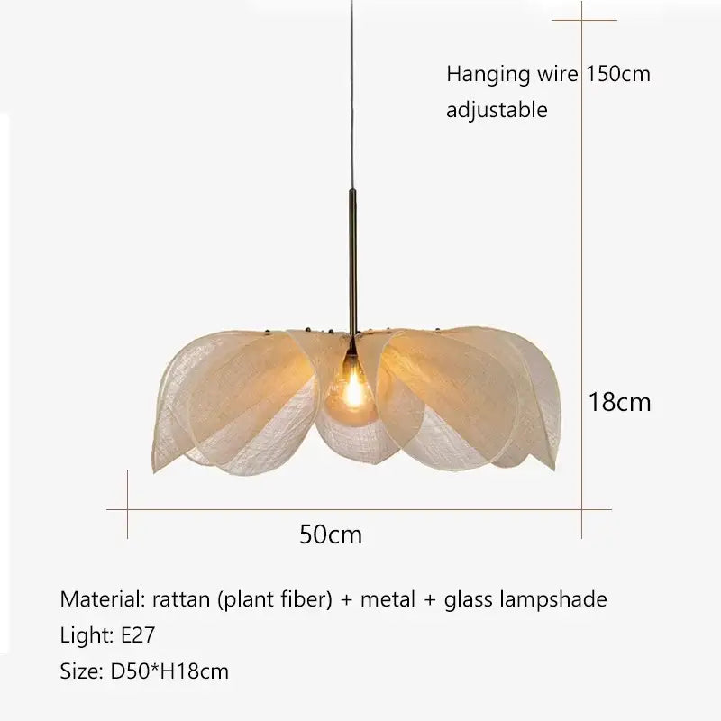 Bohemian cream fabric flower chandelier with rattan and metal petals for elegant dining room lighting