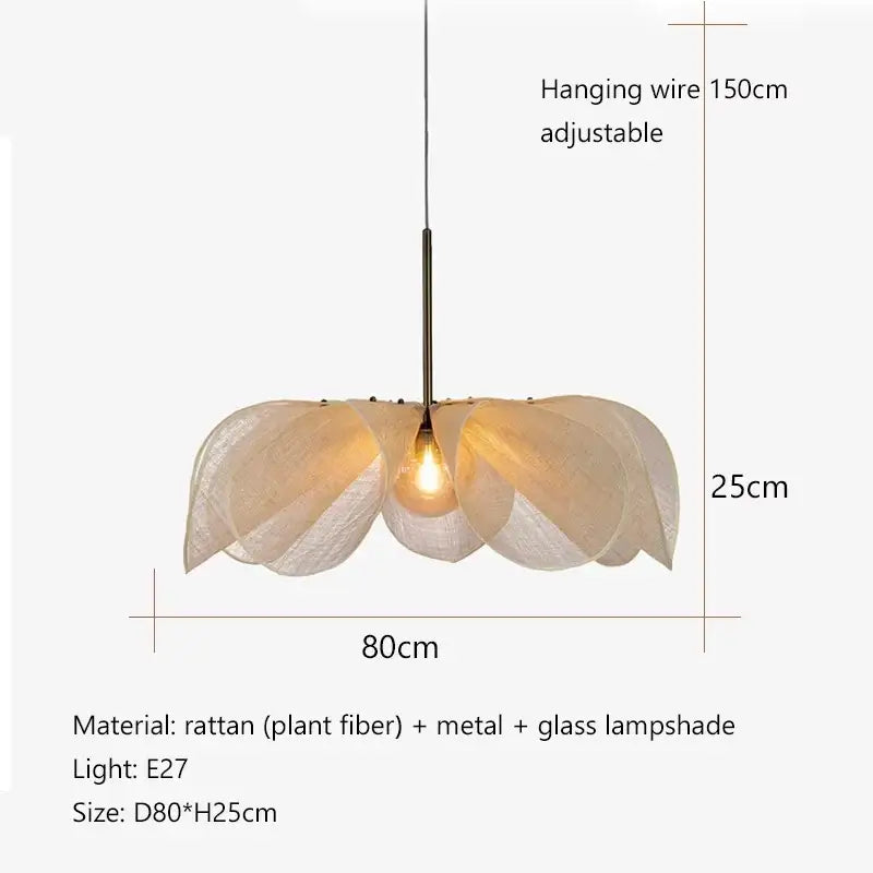 Bohemian cream fabric flower chandelier with layered rattan shade and exposed e27 bulb for dining room lighting