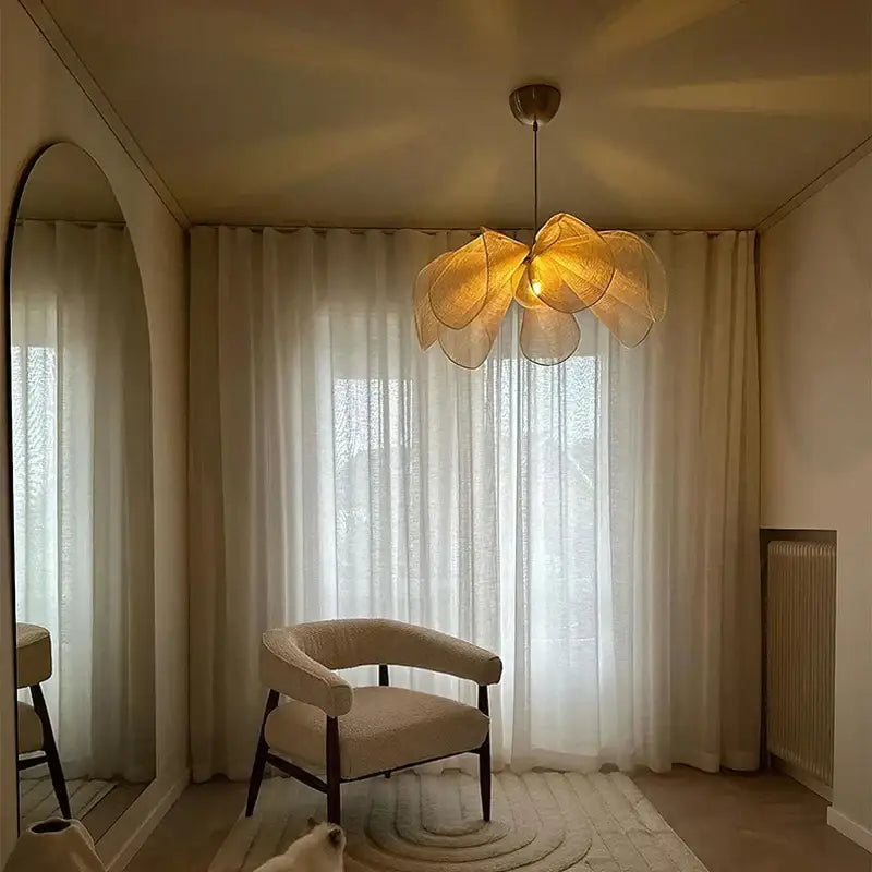 Bohemian cream fabric flower chandelier with warm-toned petal-shaped woven pendant light for dining room lighting